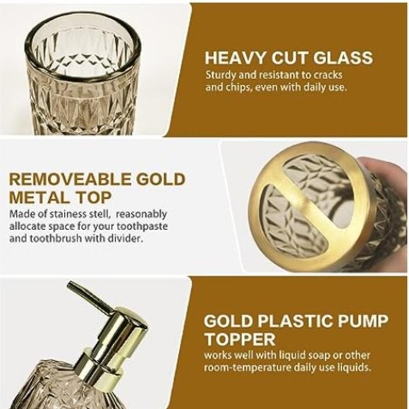 Set of 5 - Retro Amber Glass Bathroom Accessory Set - Classic Bathroom Decor - Picture 5 of 9